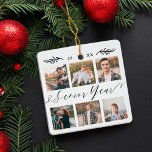 Ornamento De Cerâmica Colagem de Grade de Fotografias do Script Elegante<br><div class="desc">Mande um belo presente personalizado que eles vão apreciar. Ornamento especial personalizado de colagem de fotos de mais velho ano para mostrar suas fotos e memórias especiais da família. Nosso design apresenta um simples design de grade de colagem de 6 fotos com "Mais velho Gift" projetado em um belo estilo...</div>