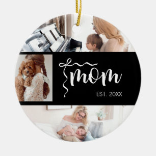 Ornamento De Cerâmica Colagem Personalizada de 3 Fotos Preta Ano de Fund