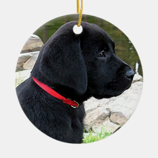 Ornamento De Cerâmica Colar Vermelho Pequeno - Puppy Preto - Labrador (Frente)