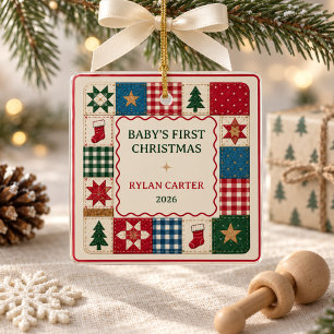 Ornamento De Cerâmica Colcha de Retalhos Personalizada para o Primeiro N