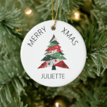 Ornamento De Cerâmica Collage Árvore de Natal<br><div class="desc">Apresenta uma colagem de árvore de Natal em uma paleta colorida de vermelho e verde. Personalize com um nome na frente e um nome "de" no verso.</div>