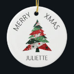 Ornamento De Cerâmica Collage Árvore de Natal<br><div class="desc">Apresenta uma colagem de árvore de Natal em uma paleta colorida de vermelho e verde. Personalize com um nome na frente e um nome "de" no verso.</div>