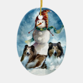 Ornamento De Cerâmica Collie áspero com Natal do boneco de neve