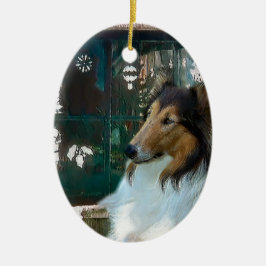 Ornamento De Cerâmica Collie de Natal na Janela