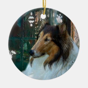 Ornamento De Cerâmica Collie de Natal na Janela