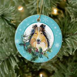 Ornamento De Cerâmica Collie Evergreen Blue Snowflake Border