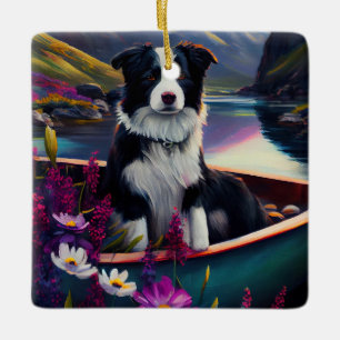 Ornamento De Cerâmica Collie Fronteira em um Paddle: Uma Aventura Cênica