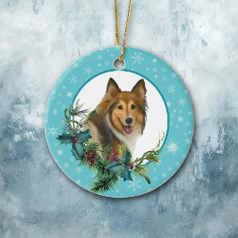 Ornamento De Cerâmica Collie Snowflake Buquê de Feriado Azul de Quadro