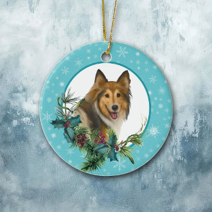 Ornamento De Cerâmica Collie Snowflake Buquê de Feriado Azul de Quadro