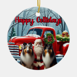 Ornamento De Cerâmica Collies, Santa, Red Truck Ornament