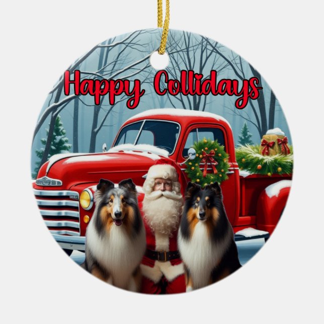 Ornamento De Cerâmica Collies, Santa, Red Truck Ornament (Frente)