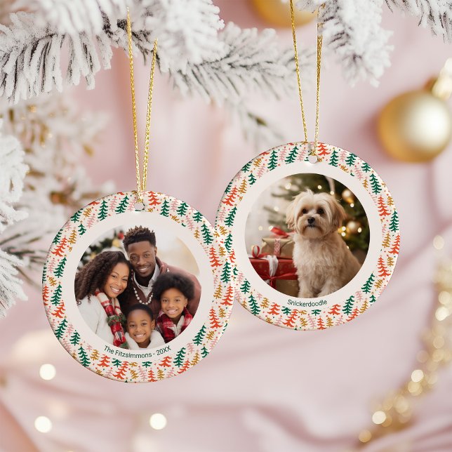 Ornamento De Cerâmica Colorful Christmas Tree Two Photos (Retro Christmas Tree two photo Holiday Ornament )