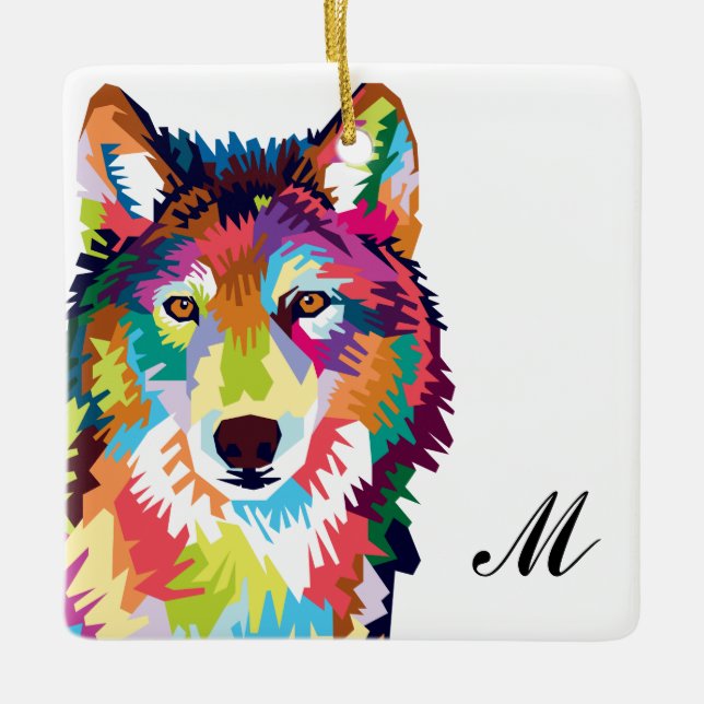 Ornamento De Cerâmica Colorida Pop Art Wolf Monogrammed (Frente)