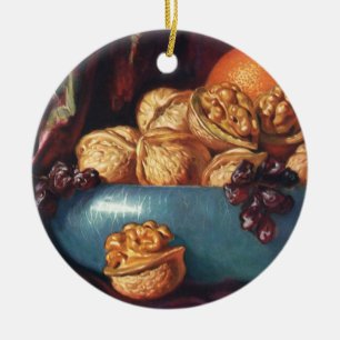 Ornamento De Cerâmica Comida Antiga, Nozes e Frutas em uma Tigela Azul