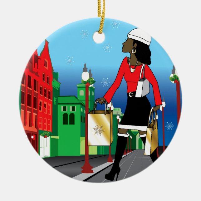 Ornamento De Cerâmica Compra do Natal da mulher com forma vestida as (Frente)