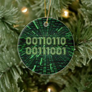 Ornamento De Cerâmica Computação verde vibrante com código binário 69 do