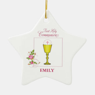 Ornamento De Cerâmica Comunhão santamente do rosa da menina primeiro,