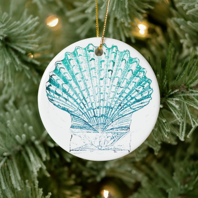Ornamento De Cerâmica concha de cera de sereia azul-aquarela azul-de-ver (Árvore)