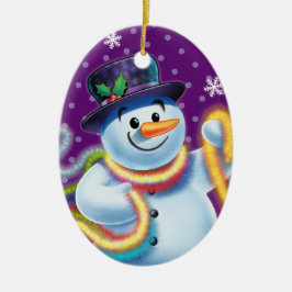 Ornamento De Cerâmica Condecoração de árvore de Natal Oval Snowman & tin