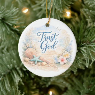 Ornamento De Cerâmica "Confie em Deus" Aquarela Cristã da Praia Costeira