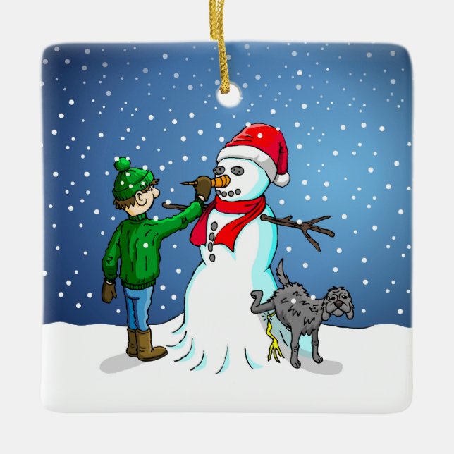 Ornamento De Cerâmica Construção de boneco de neve (Frente)