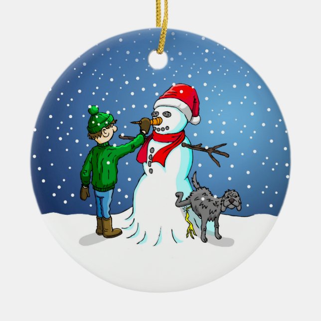 Ornamento De Cerâmica Construção de boneco de neve (Frente)