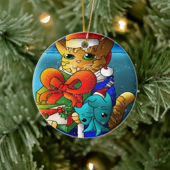 Ornamento De Cerâmica Convidado de Gato de Natal (Árvore)