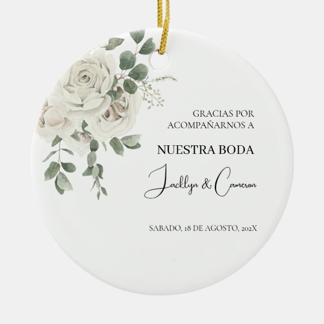 Ornamento De Cerâmica Convite para Casamento Branco Floral Espanhol (Frente)