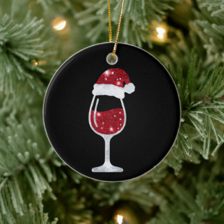 Ornamento De Cerâmica Copo de Vinho Tinto Brilho Chapéu de Papai Noel Na