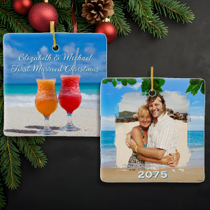 Ornamento De Cerâmica Coquetéis de Praia Primeiro Natal Casados