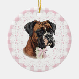 Ornamento De Cerâmica Coquette Boxer Dog Pink Gingham Bows