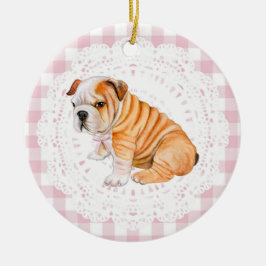 Ornamento De Cerâmica Coquette Bulldog Dog Pink Gingham Bows