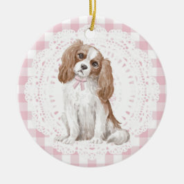 Ornamento De Cerâmica Coquette Cavalier King Charles Pink Gingham Bows