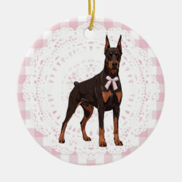 Ornamento De Cerâmica Coquette Doberman Pinscher Laços de Xadrez Rosa
