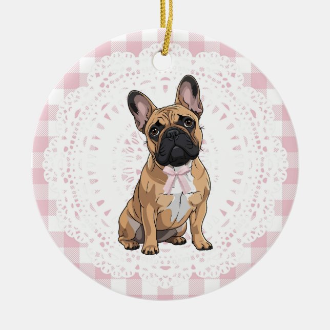 Ornamento De Cerâmica Coquette French Bulldog Dog Art Pink Gingham Bows (Frente)