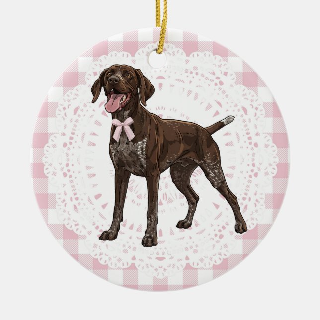 Ornamento De Cerâmica Coquette German Shorthaired Dog Pink Gingham Bows (Frente)