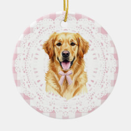 Ornamento De Cerâmica Coquette Golden Retriever Dog Pink Gingham Bows
