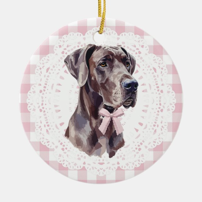 Ornamento De Cerâmica Coquette Great Dane Dog Pink Gingham Bows (Frente)
