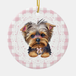 Ornamento De Cerâmica Coquette Yorkshire Terrier Dog Pink Gingham Bows