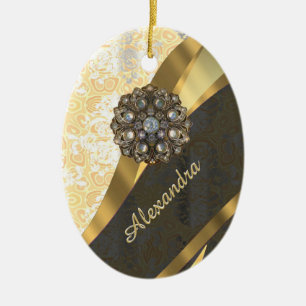 Ornamento De Cerâmica Cor damasco amarela bonito personalizada
