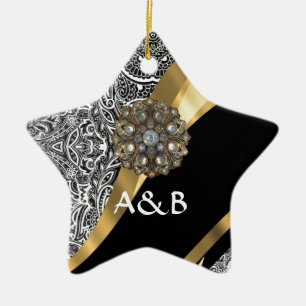 Ornamento De Cerâmica Cor damasco floral preto e branco