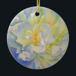 Ornamento De Cerâmica Cor de água floral de pénia branca Elegante<br><div class="desc">Uma bela aquarela original,  pintada com aquarela de peões brancos ao sol da manhã.</div>