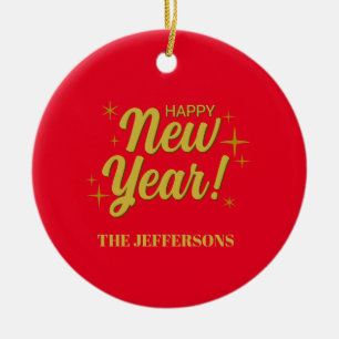 Ornamento De Cerâmica Cor de ouro vermelho feliz ano novo natal feliz