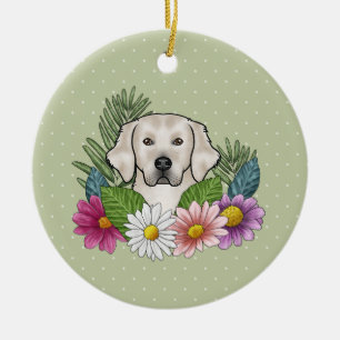 Ornamento De Cerâmica Cor de Retriever Dourado Creme Flores Coloridas E