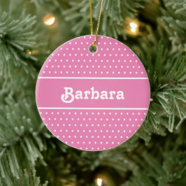 Ornamento De Cerâmica Cor-de-rosa e branco da Bolinhas de nome personali