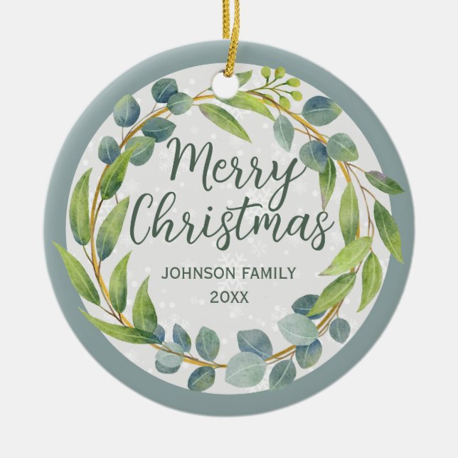 Ornamento De Cerâmica Cor Verde Moderna Deixa Foto Feriada (Frente)