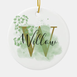Ornamento De Cerâmica Cor Verde Personalizada e Floral Inicial