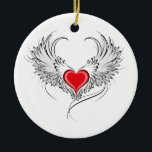 Ornamento De Cerâmica Coração Anjo Vermelho com asas<br><div class="desc">Coração vermelho pintado artificialmente com cinza de asas de anjo,  decorado com contorno liso preto.</div>