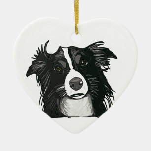 Ornamento De Cerâmica Coração cerâmico preto e branco de border collie
