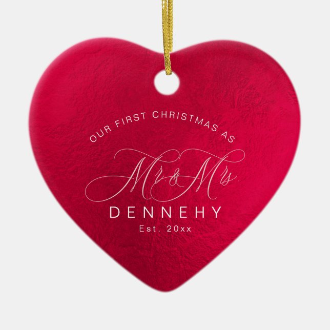 Ornamento De Cerâmica Coração Cerâmico Primeiro Natal, Vermelho Iridesce (Frente)